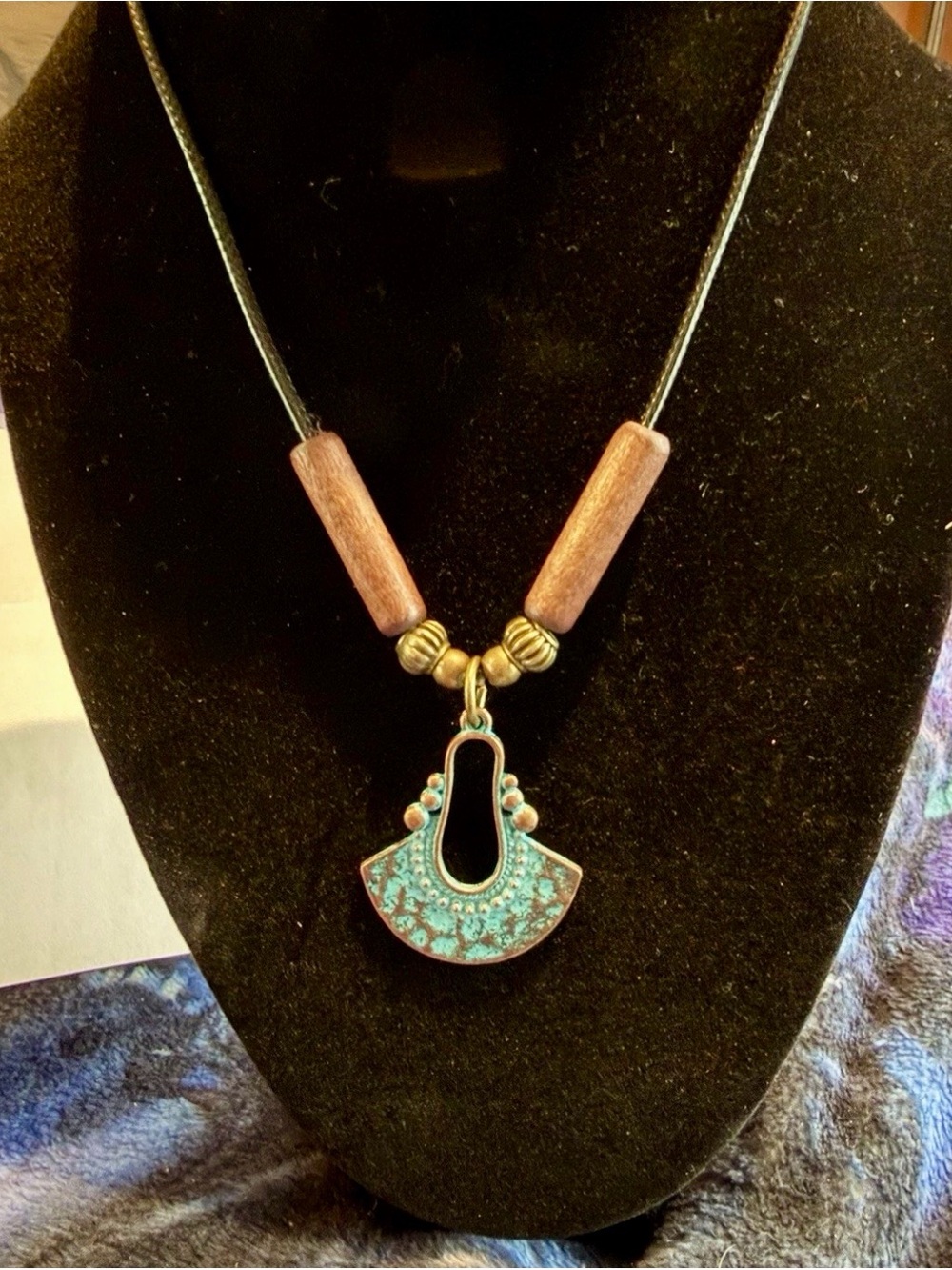 Handmade Turquoise colored Patina Pendant Necklace with Wood Beads